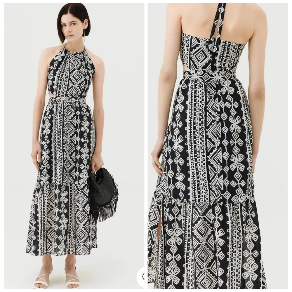 Marella Berger Halter Maxi Dress 6 Black White Silk Blend Geometric Cut-Out Boho